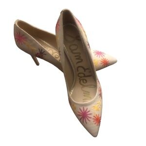 SAM EDELMAM Hazel Pointed Toe Natural  Embroidered Stiletto High Heel 4” Sz  8.5